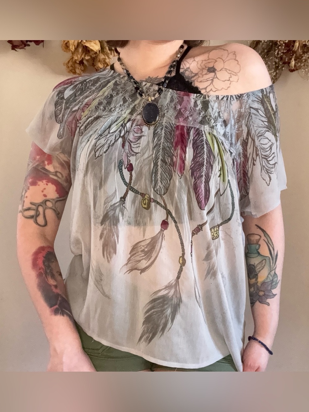 Boho Fang Light Gray/Purple Feather-Print Sheer Blouse 🪶